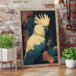 White Cockatoo Bird Poster, Tropical Paradise Decor, Digital Printable, Bird Art, Cockatiel printable, tropical bird wall art, Vintage Art