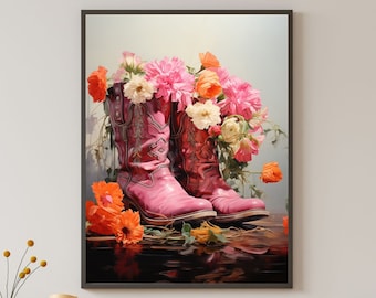 May include: A pair of pink cowboy boots with a bouquet of pink, white, and orange flowers spilling out of the tops. The boots are sitting on a wooden surface with a reflection of the flowers in the water.