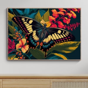 Vintage Butterfly Print Art, Butterflies Wall Art, Tropical Bug Illustration, Feel Good Poster, Digital Printable, Floral Butterfly Poster
