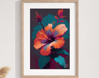 Impresión de arte de acuarela de hibisco, pintura de flores tropicales, ideas de regalos de flores, decoraciones de pared de hibisco hawaiano, impresiones de arte botánico