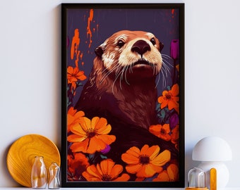 Sea Otter Portrait Floral Print, Wildlife Decor, Ocean Animal Wall Art, Cute Animal Art, Kids Room Decor, Sea Life Nursery Print, River Art