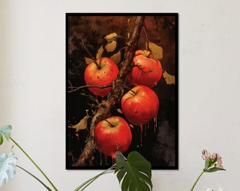 May include: A painting of five red apples hanging from a branch. The apples are dripping with red liquid, creating a dramatic effect. The background is dark and textured.
