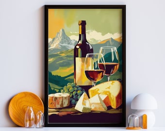Wijn & Kaas decor, Franse café print, moderne eetkamer kunst aan de muur, Italiaans restaurant food decor, Europese keuken kunst, boerderij kunst aan de muur