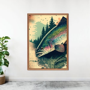 Rainbow Trout Fishing Poster, Mountain Cabin Decor, Modern Chic Decor Digital Printable, Flyfishing Trout Fly Art, Fishing Gifts For Men