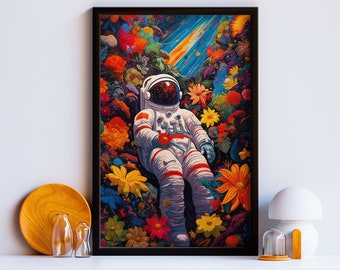 Astronaut Floral Art Print, Astronaut in Flowers, Nasa Astronaut Poster art, Space Wall art, Astronaut Living Room Decor, Digital Download