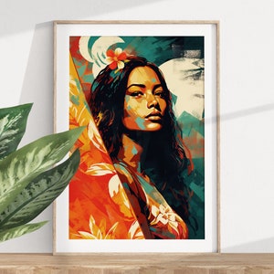 Stampa di decorazioni costiere vintage, Ragazza surfista hawaiana, Arte del poster vivente nell'oceano, Estetica tropicale dell'oceano / Chic moderno / Stampabile digitale