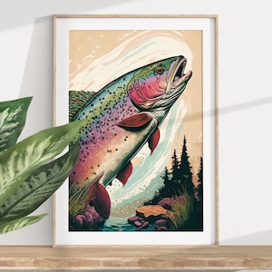 Rainbow Trout Fishing Poster, Mountain House Cabin Decor, Fly Fishing Gift, National Parks Poster, Digital Printable, Vintage Fishing Poster