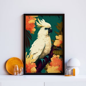 Cartel de aves cacatúa tropical, cresta de azufre, decoración del hogar tropical, decoración de la casa boho, descarga digital, impresiones de aves de la selva tropical, arte floral