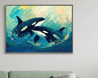 シャチ：アートプリントの水彩画、虹色のシャチの絵画 - Etsy 日本