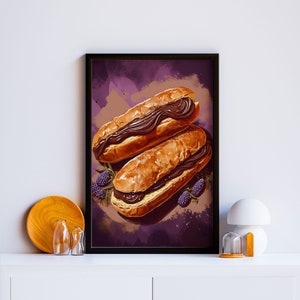 May include: A framed print of a still life featuring two eclairs with chocolate filling on a purple background with blackberries.