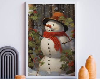 Winter Landscape Snowman Painting Print, Vintage Snowman Poster Printable Snowman Painting, Winter Country Decor, Christmas Farmhouse Decor