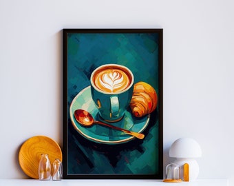 Può includere: Un dipinto incorniciato di una tazza di caffè con un croissant su un piatto blu. Il caffè ha un disegno di schiuma bianca in cima. Il dipinto è su uno scaffale bianco con una ciotola di legno e due bottiglie di vetro.