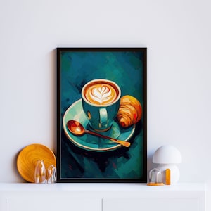 French Coffee Breakfast Espresso Croissant Poster, Modern Cafe Decor, Digital Download Printable, French Coffee Shop Art