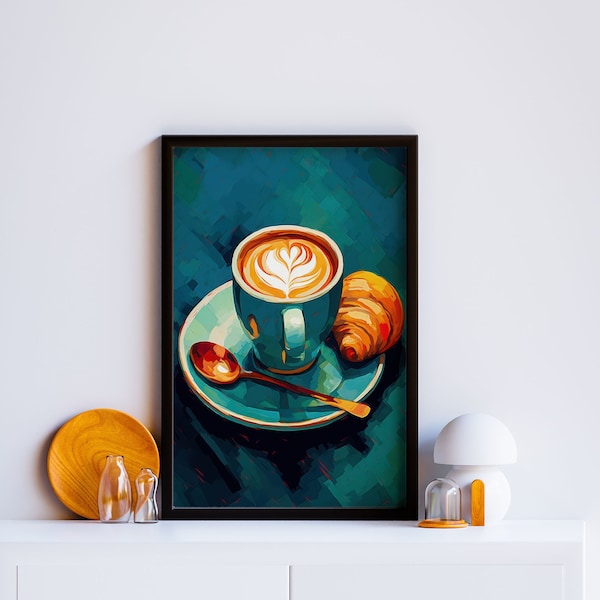 French Coffee Breakfast Espresso Croissant Poster, Modern Cafe Decor, Digital Download Printable, French Coffee Shop Art