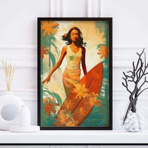 Stampa tavola da surf vintage donna hawaiana, vita oceanica, arredamento costiero Airbnb, decorazione da parete tropicale, stampa digitale, arte adatta ad HD