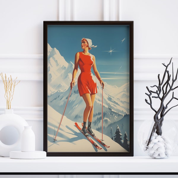 Vintage 1950s Ski Poster, Winter Poster Art, Swiss Ski Print, French Wall Art, Retro Wall Decor, DIGITAL DOWNLOAD, PRINTABLE Wall Art