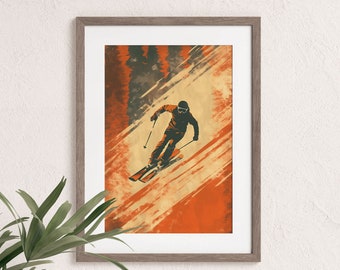 Stylized Retro Ski Poster, Ski Poster Art, Alpine Ski Print, Downhill Ski Sport Art, Retro Wall Decor, Skiing Wall Art Decor, Ski Home Decor