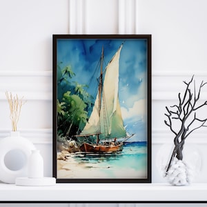 Vintage aquarel zeilboot print, rustieke muur kunst, kust Home decor, oceaan mariene kunst, maritieme kunst, zeegezicht, Pacific posters, digitaal