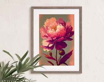 Peony Floral Art Print, Peony Wall Decor, Vintage Botanical Artwork, Minimalist poster, Bedroom Wall Decor, Pink Flower Print, ADHD Friendly
