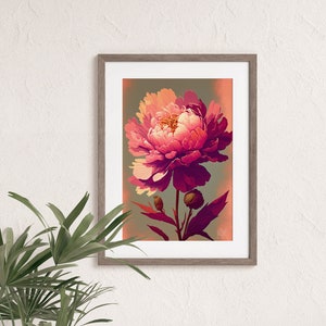 Peony Floral Art Print, Peony Wall Decor, Vintage Botanical Artwork, Minimalist poster, Bedroom Wall Decor, Pink Flower Print, ADHD Friendly