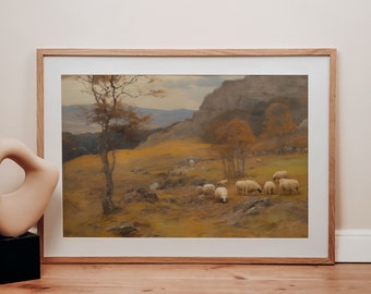 羊の風景画、ビンテージ羊の絵画、羊の山腹の絵画、ムーディーな素朴な