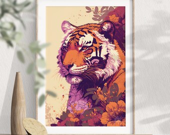 Bengal Tiger wall art, Floral tiger print, Jungle illustration, Safari animal poster, Animals painting, Flower wall decor, Boho jungle art