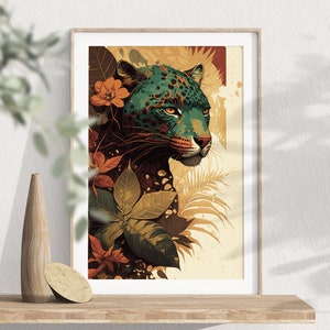 Estampado floral de jaguar de la selva, impresiones de obras de arte ilustrativas, arte del cartel de jaguar, regalo de animales salvajes, decoración del hogar de la jungla, arte de la pared del leopardo