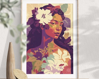 Polynesian Flower Girl Print | Hawaiian Girl Printable Wall Art | Gift for her | Hawaiian Floral, Floral Girl Dress Art, Matisse | Gauguin