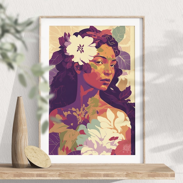 Polynesian Flower Girl Print | Hawaiian Girl Printable Wall Art | Gift for her | Hawaiian Floral, Floral Girl Dress Art, Matisse | Gauguin