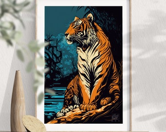 Bengal Tiger wall art, Floral tiger print, Jungle illustration, Safari animal poster, Animals painting, Jungle Wall decor, Boho jungle art