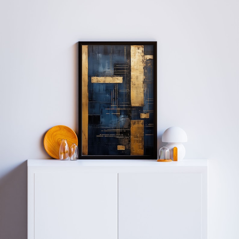 Navy Blue Abstract Art, Modern Grey Gold Paint Art, Gallery Wall Art