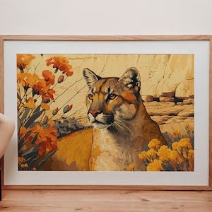 Mountain Lion Poster Art, Floral Wall Hanging, Western Farmhouse Decor, Vintage Wildlife, Digital Printable, Big Car Artwork, Cougar Print