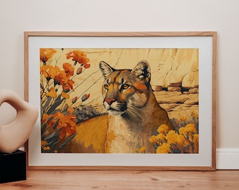 Mountain Lion Poster Art, Floral Wall Hanging, Western Farmhouse Decor, Vintage Wildlife, Digital Printable, Big Car Artwork, Cougar Print