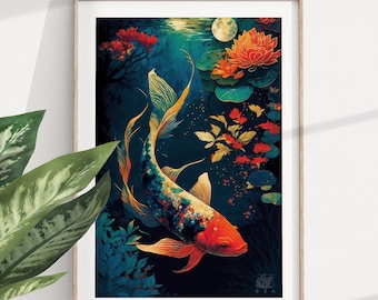 Orange White Koi Fish Print, Japanese Artwork Prints, Japan Art, Digital Printable, Koi Art Painting, Modern Fish Artwork, Koi Fish Decor
