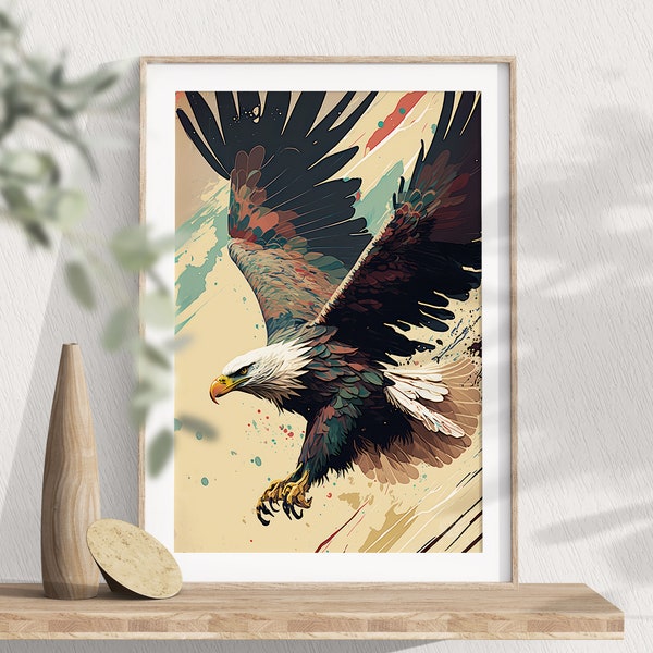 Swooping Bald Eagle Print | Printable Eagle Poster | Multi Color Bird Print | Living Room Decor | Gauguin