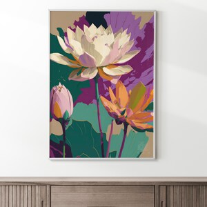 May include: A framed abstract painting of three pink and orange lotus flowers with green leaves on a purple background.