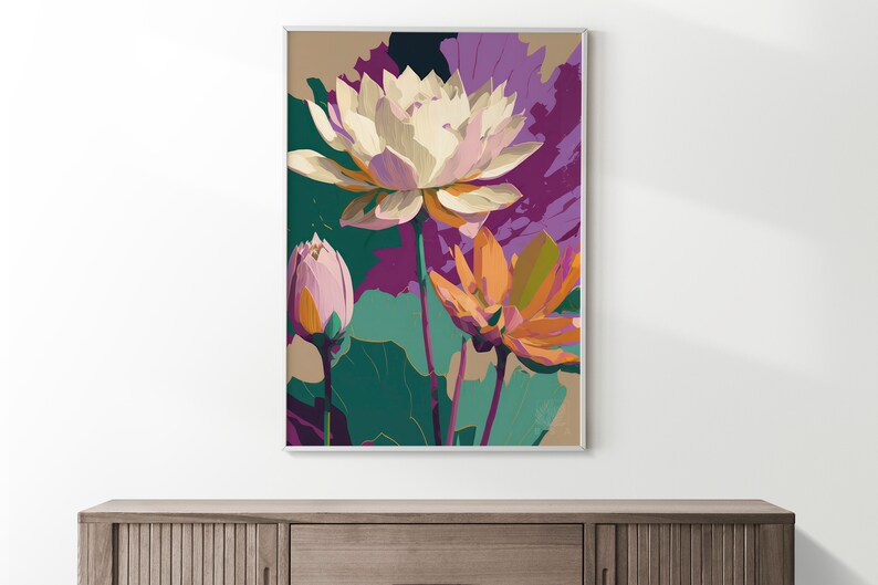 May include: A framed abstract painting of three pink and orange lotus flowers with green leaves on a purple background.