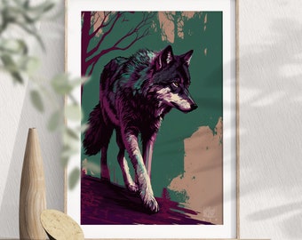 Lone wolf art print, Vintage Antique wolf painting, Wildlife wall art, Cabin decor, Wilderness art, Animal wall art, Rustic Wolf Poster