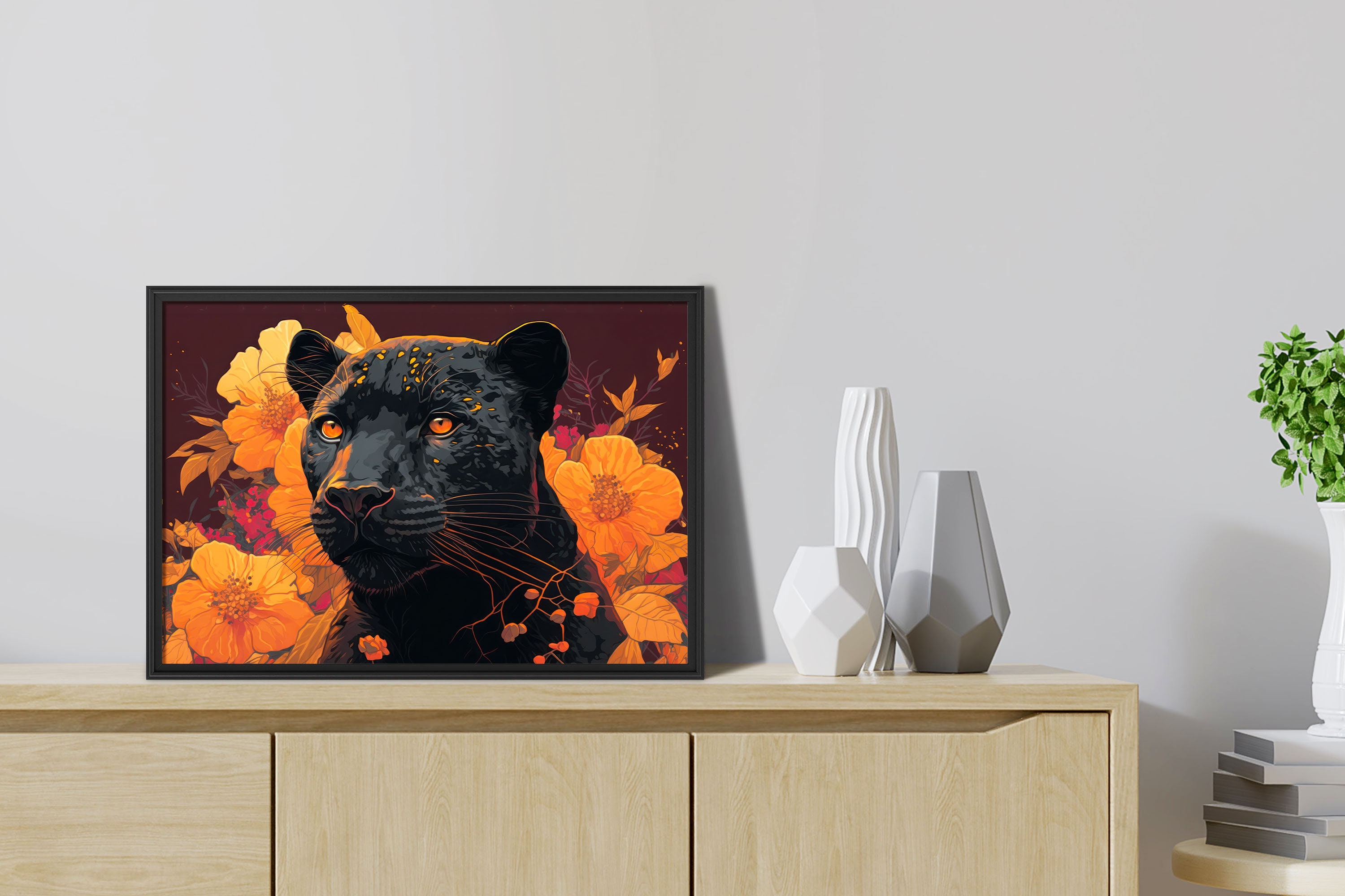Black Panther Floral Print, Japanese Style Poster Art, Oriental Art ...