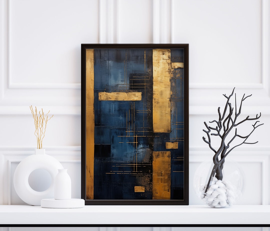 Navy Blue Abstract Art, Modern Grey Gold Paint Art, Gallery Wall Art ...