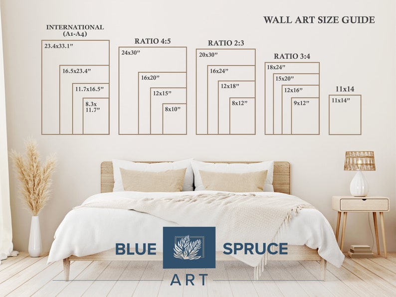 May include: A wall art size guide with different ratios and sizes listed in inches. The guide is displayed on a white wall with a bed and a nightstand in the foreground. The text "BLUE ART SPRUCE" is at the bottom of the image.