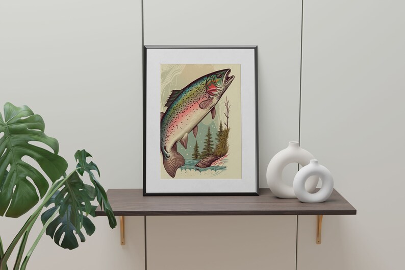 Rainbow Trout Fly Fishing Poster Mountain House Cabin Decor Fish Art