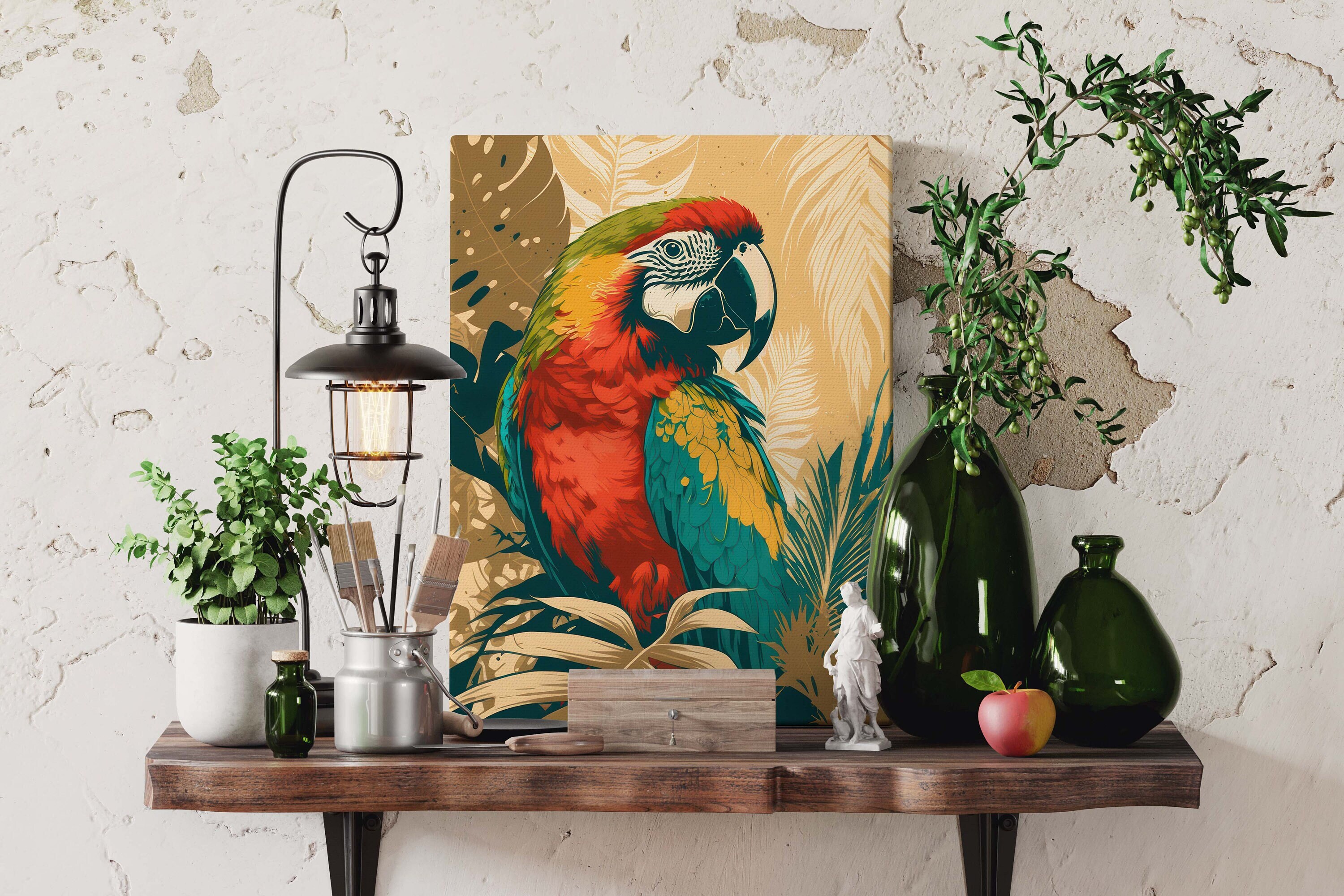 コンゴウインコ オウム ウォールアート、赤 緑 オレンジ 青 熱帯鳥 ポスター、ビンテージ イラスト 熱帯雨林 プリント、即時ダウンロード、ジャングル  デコレーション - Etsy 日本, image size:3000x2000