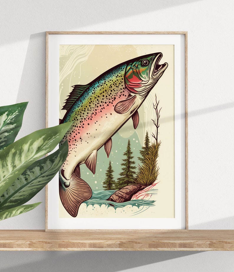 Rainbow Trout Fly Fishing Poster Mountain House Cabin Decor Fish Art