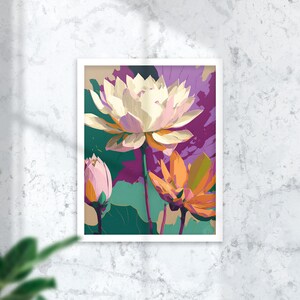 May include: A painting of three pink and white lotus flowers with green leaves on a purple background.
