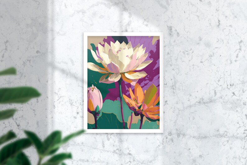 May include: A painting of three pink and white lotus flowers with green leaves on a purple background.