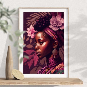 African American Woman Art, Printable Portrait Wall Art, Stylish Black Woman, Female Portrait, Mid-Century Modern, Abstract Jungle Plant