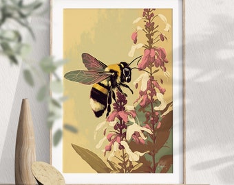Honey Bee Floral Poster, Minimalist Floral Print Art, Home & Garden Art Deco, Modern Farmhouse Decor, Digital Printable, Flower Garden Print