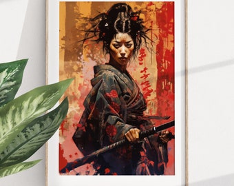 Japanese Samurai Princess, Japanese Poster Art, Oriental Decor, Modern Chic, Ukiyo Poster, Digital Printable, Japanese Print Wall Art Gift