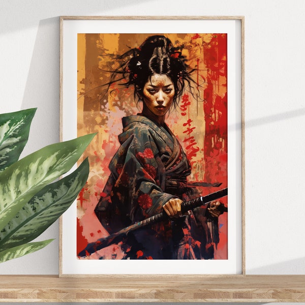 Japanese Samurai Princess, Japanese Poster Art, Oriental Decor, Modern Chic, Ukiyo Poster, Digital Printable, Japanese Print Wall Art Gift